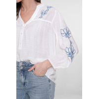 Geisha Blouse Top Embroidered Flowers White