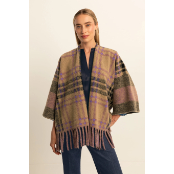 Expresso Poncho Vest Checked Camel Violet