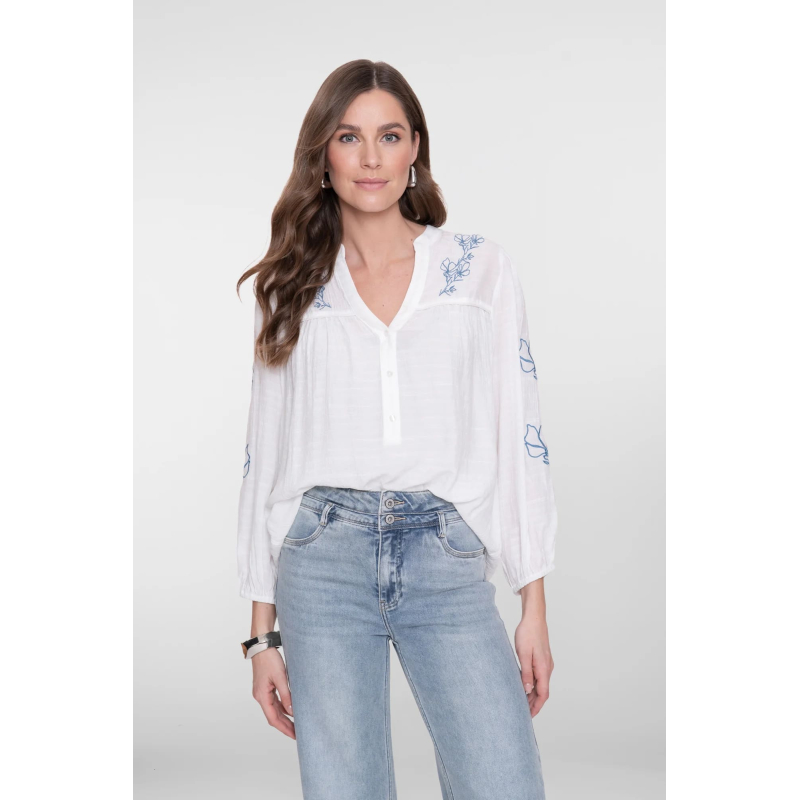 Geisha Blouse Top Embroidered Flowers White