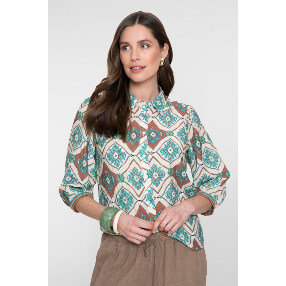 Geisha Blouse Flower Aqua Camel