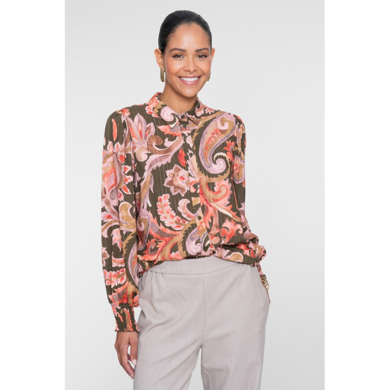 Geisha Blouse Paisley Dark Olive Coral