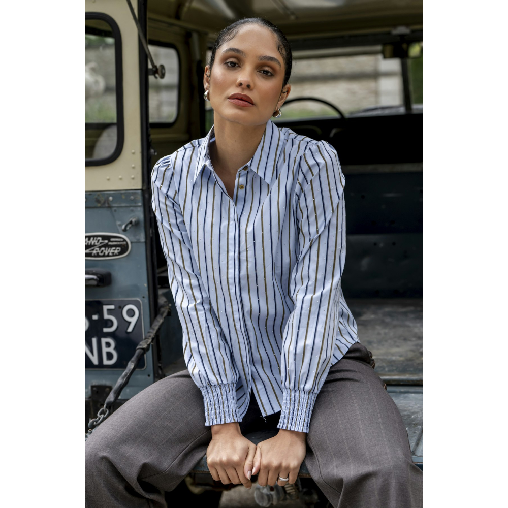 Geisha Blouse Pinstripe Rhinestones Light Blue