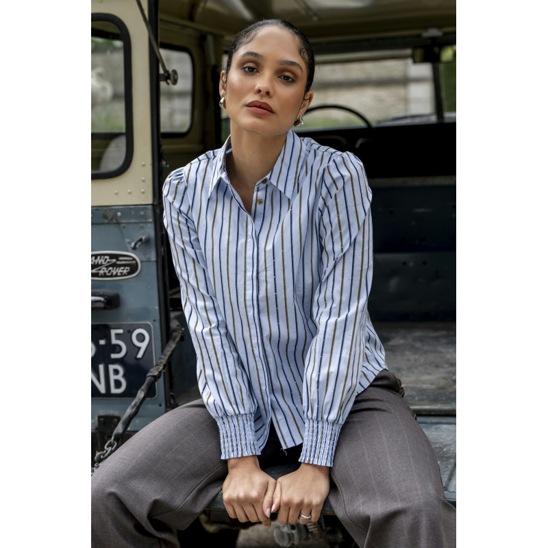 Geisha Blouse Pinstripe Rhinestones Light Blue