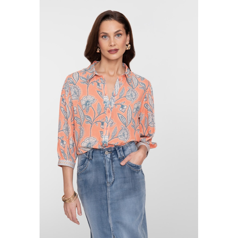 Geisha Blouse Flower Coral Chambray Ecru
