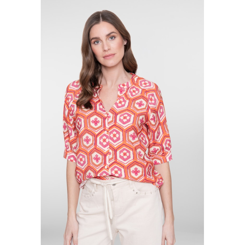 Geisha Blouse Flower Ecru Orange Cassis