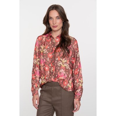 Geisha Blouse Flowers Brown Soft Red