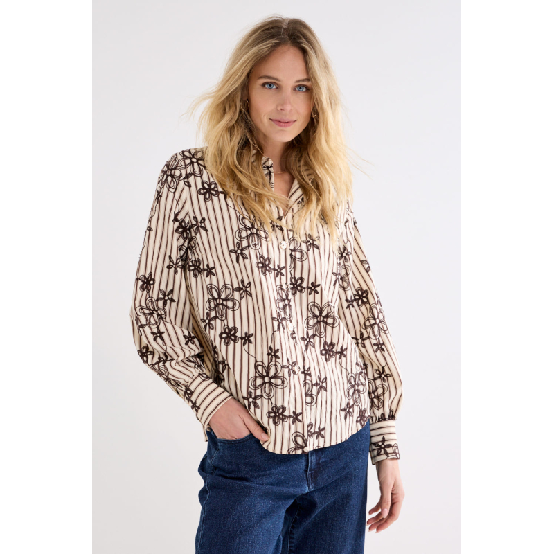Tramontana Blouse Stripe Embroidery Cafe Noir
