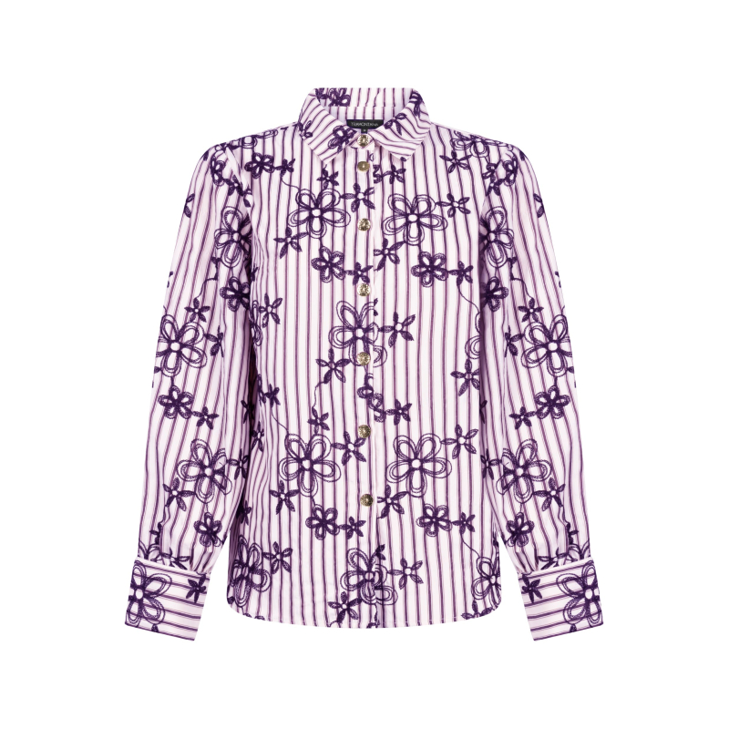 Tramontana Blouse Stripe Embroidery Aubergine Noir